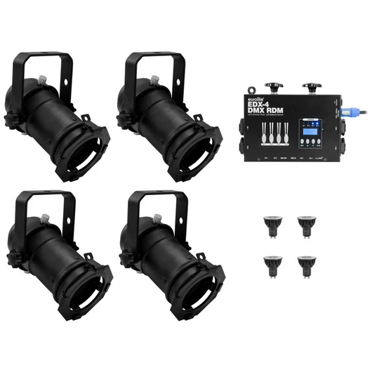 EUROLITE Set 4x PAR-16 Spot bk dim2warm + EDX-4 DMX RDM LED Dimmer Pack