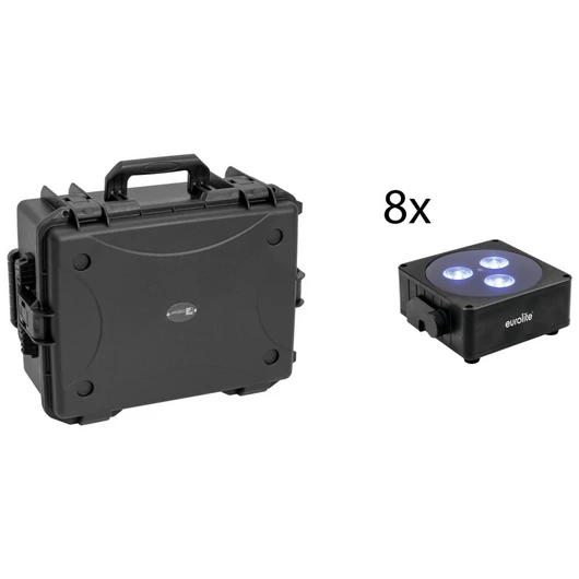 EUROLITE Set 8x AKKU Flat Light 3 bk + Plastic case with trolley